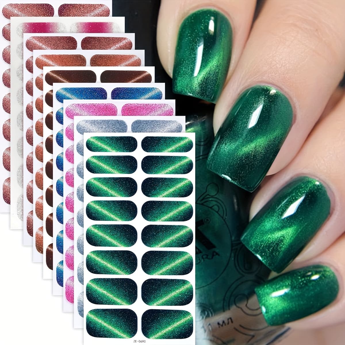 TEMU 9pcs Of Fresh And Shiny Gel Nail Stickers - Green Cat's Set Of Self-adhesive Nail Bag, To, Disposable Nail Travel Set, Dream Theme And Summer, Easy To Apply And Remove, Nail Stickers,travel Size