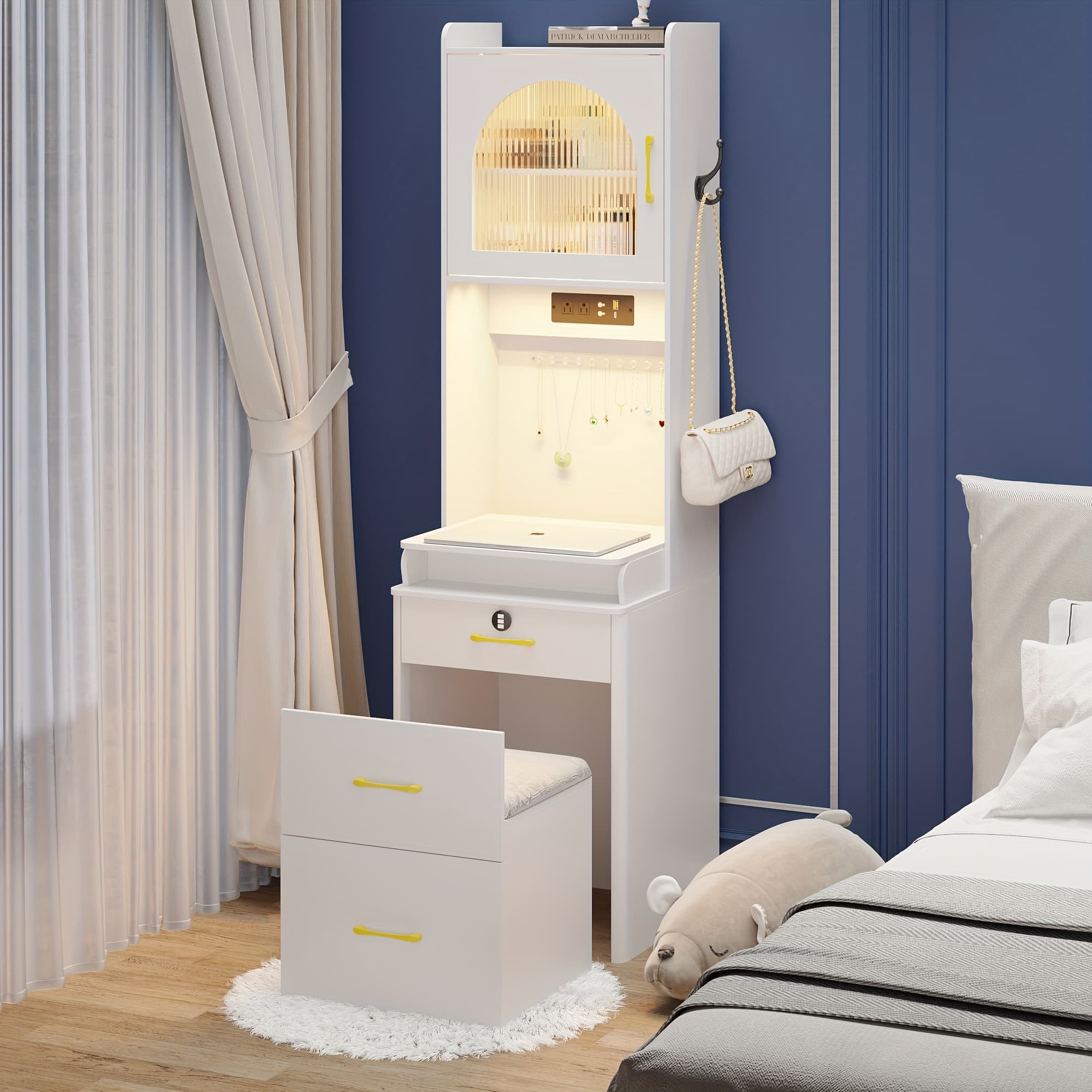 TEMU Small Vanity Desk With Mirror And Lights, Makeup Vanity Table With Drawers For Small Space, Corner Vanity Set Dressing Table - Charging Station & Sensing For Bedroom9 (grey)