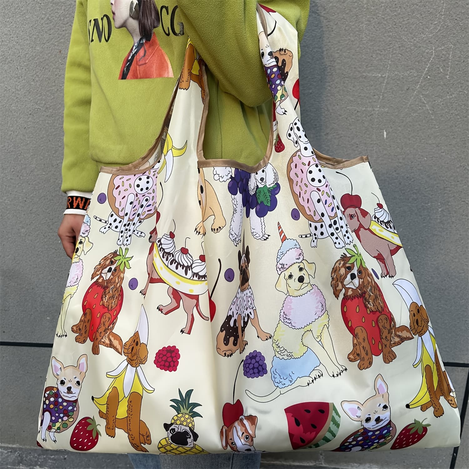 TEMU Fruit Cartoon Dog Pattern Large Shopping Bag Foldable Grocery Bag Nylon Sturdy Hand Tote Shopping Bag Women Shoulder Bag Tote Bag Suitable For Travel Camping
