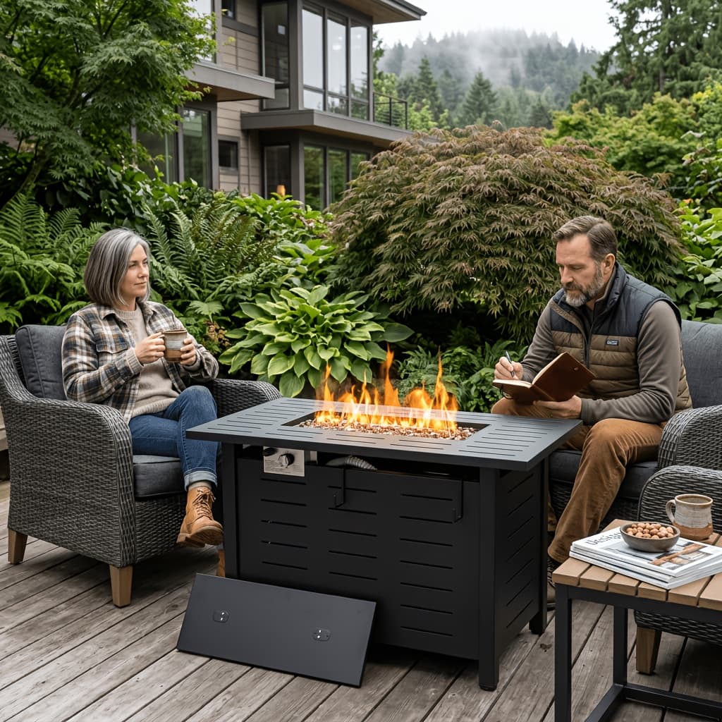 TEMU 40/44" 50000 Btu Propane Fire Pit Outdoor - Rectangular Steel Gas Fire Table With Lid | Waterproof Cover Metal Black Firepit For Patio, Backyard, Deck (40"/44", Black/brown)