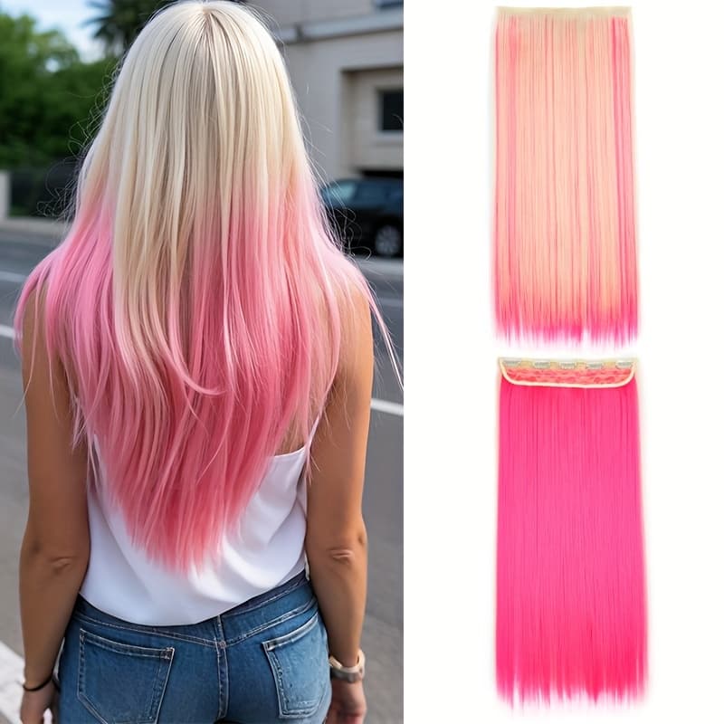 TEMU Colorful Clip-in Hair Extensions - 1pc Featuring 5 Clips, Long Straight Heat-resistant Synthetic Fiber Hairpiece For Women's Everyday Looks And Party Must-haves