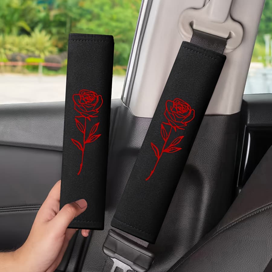 TEMU 2pcs Rose Flower Embroidery Shoulder Pads, Suitable For All Vehicles, Comfortable Travel Accessory, Fashionable Design, Car Interior Accessory