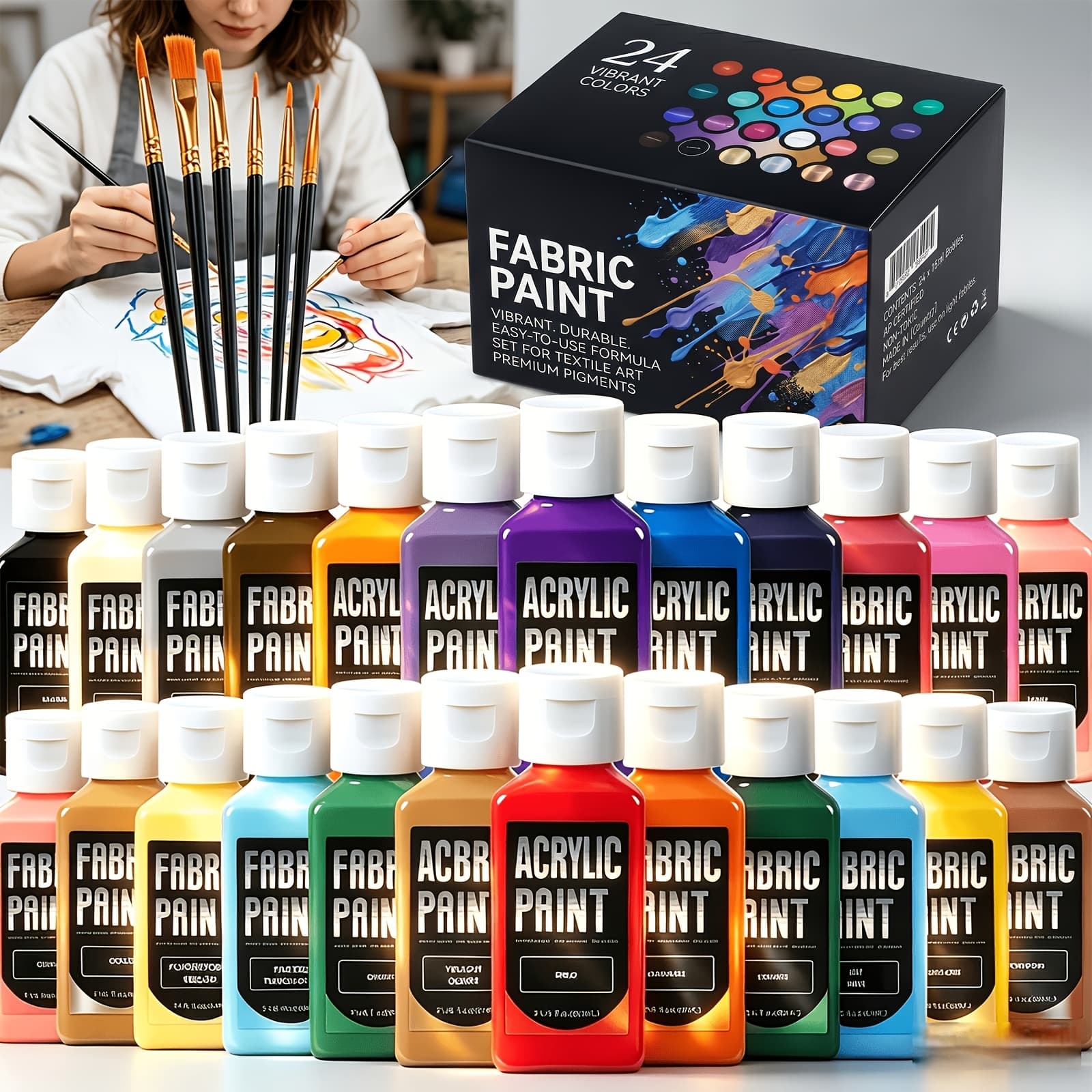 TEMU 24 Colors Textile Paint (60ml Each) With Brushes, Non-toxic Washable Fabric Paint For T-shirts, Clothing, Easter, , Father's Day Gifts, Juneteenth, Back To School Supplies & Holiday Craft Gift