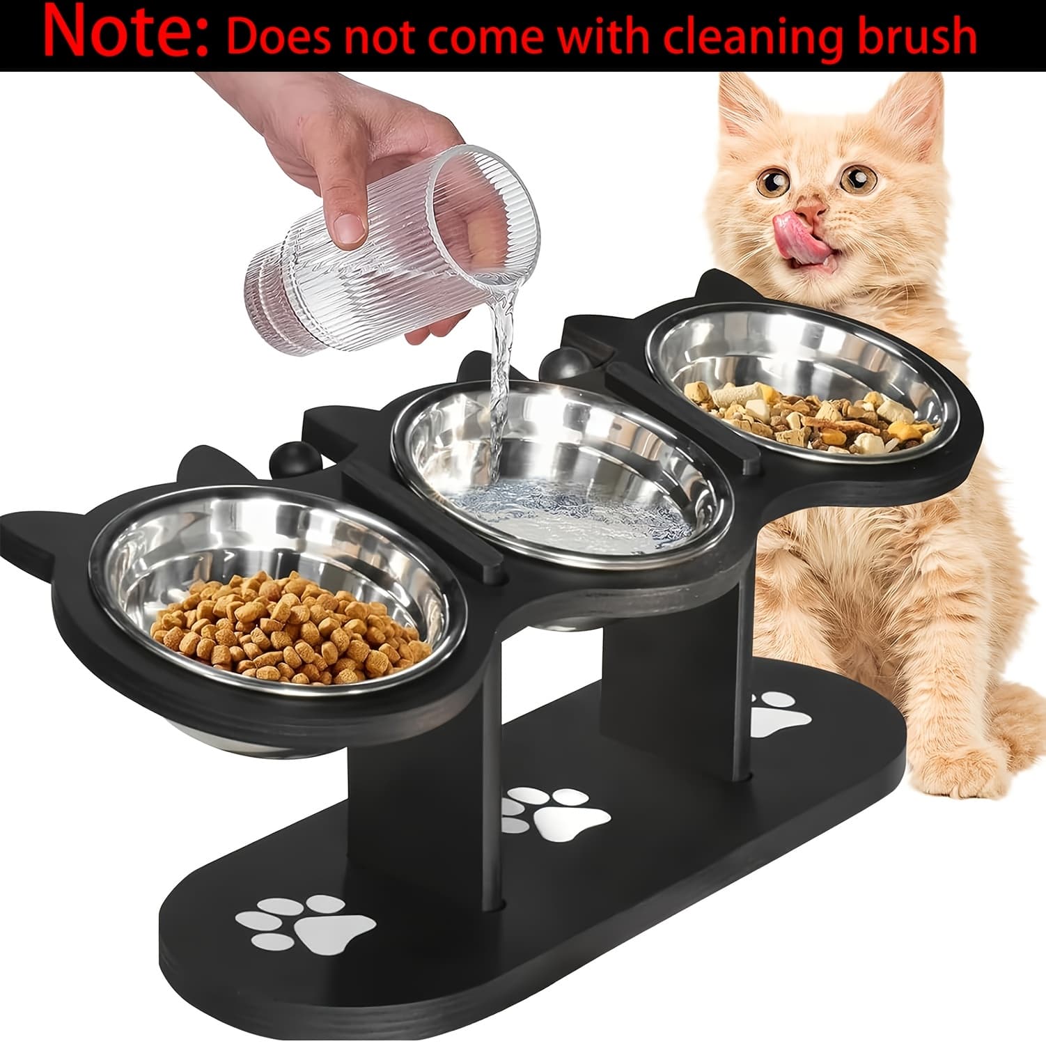 TEMU Elevated Cat Bowl- Suitable For Small And Medium Indoor Cats And Kittens, 3 Thick Stainless Steel Cat Bowls, Dishwasher Safe, Black, Comes With 1 Cleaning Brush