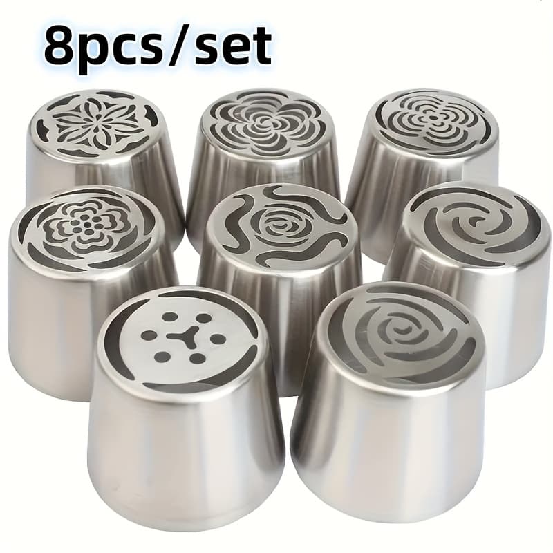 TEMU 8pcss/set 8pcs Set Of Oversized Stainless Steel Nozzles, Birthday And Christmas Rose Cake Decoration Molds, Decoration Tools For Paper Cupcakes, Baking Supplies