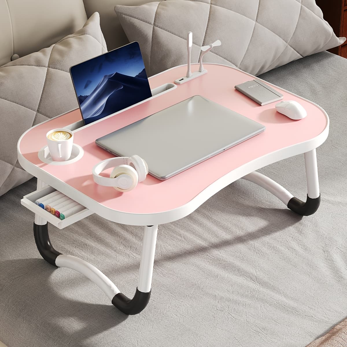 TEMU Laptop Bed Table, Foldable Laptop Desk Bed Table Tray With Usb Ports Storage Drawer, Portable Laptop Stand Folding Breakfast Tray Lap Desk For Bed For Eating, Reading And Working