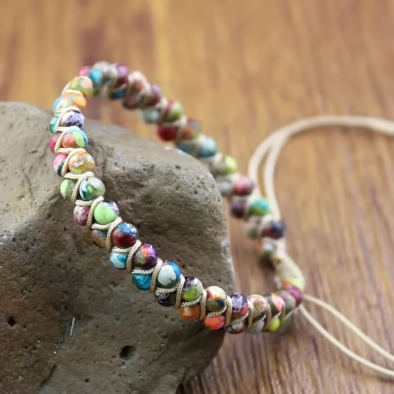 TEMU 4mm Colorful Stone Round Bead Handmade Woven Adjustable Bracelet In Bohemian Style