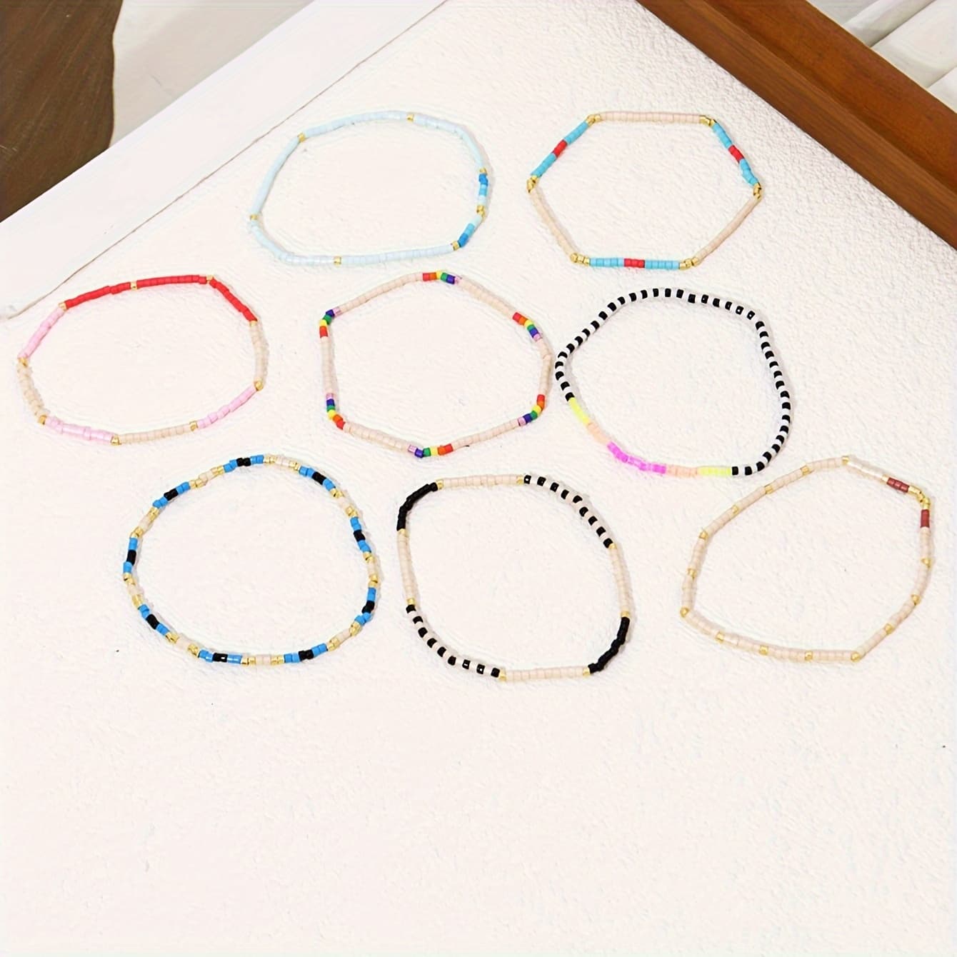 TEMU 8pcs Set, Bohemian Multicolor Handmade Small Bead Tassel Elastic Stackable Set, Party Vacation Accessory, Friendship