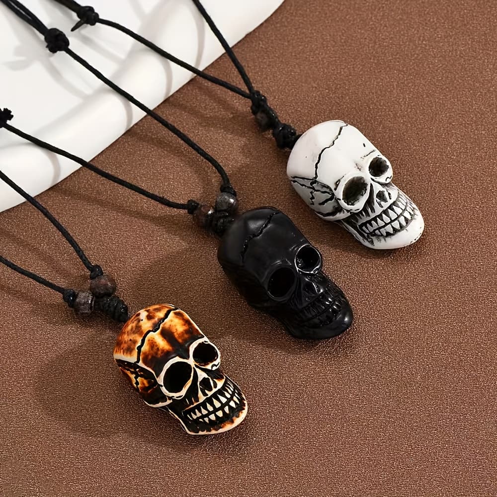 TEMU 3-piece Skull Necklace, Skull Mixed Color Set, Handmade Bead Geometric Pendant Necklace, Couple Gift Decoration Necklace, Unisex Sweater Chain, Halloween Gift, Halloween Skull