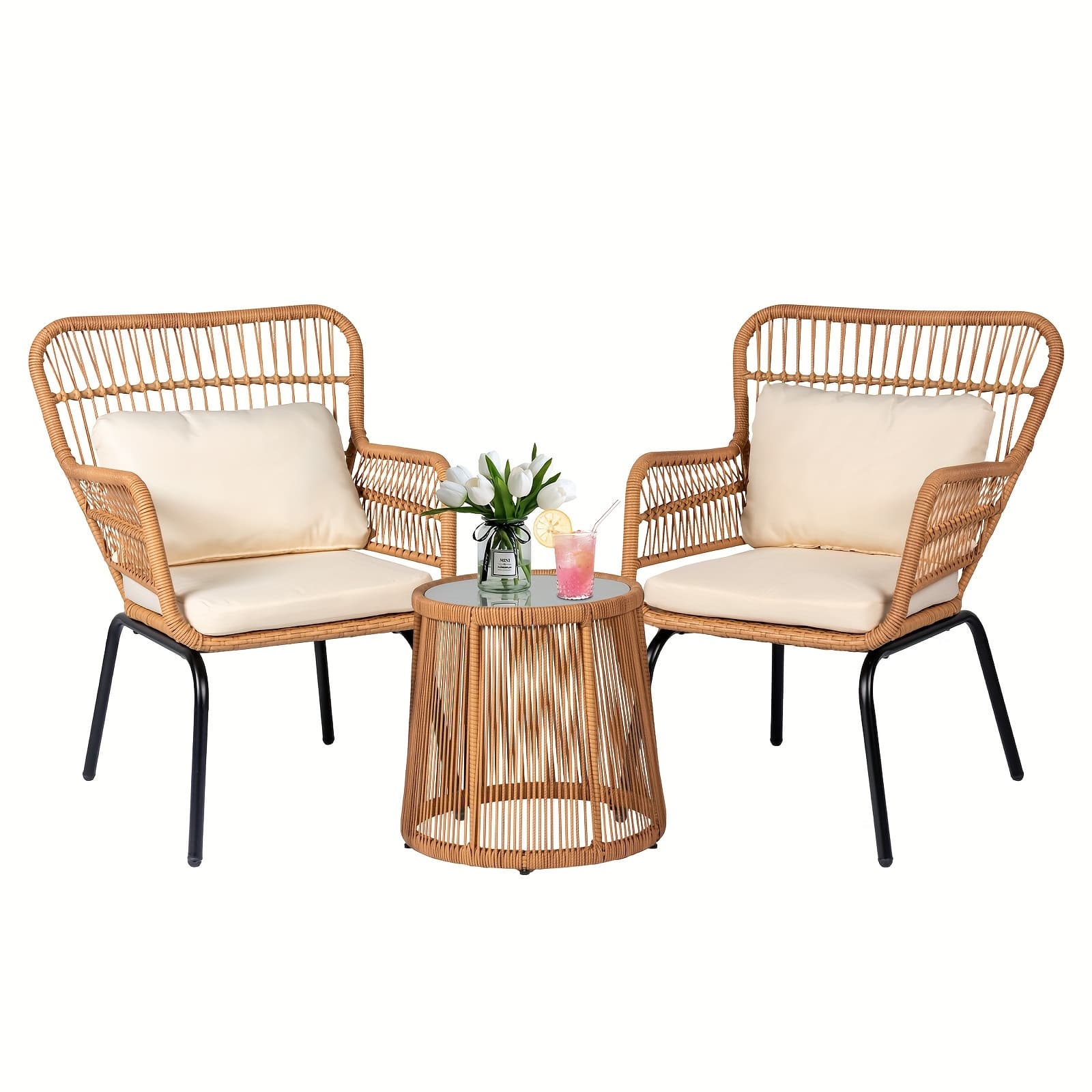 TEMU 3pcs Boho Outdoor Small Patio Furniture Chair Set With Beige Cushion And Round Glass Table Side Table Wicker Conversation Chair Set Bistro Set For Garden Balcony Deck Porch