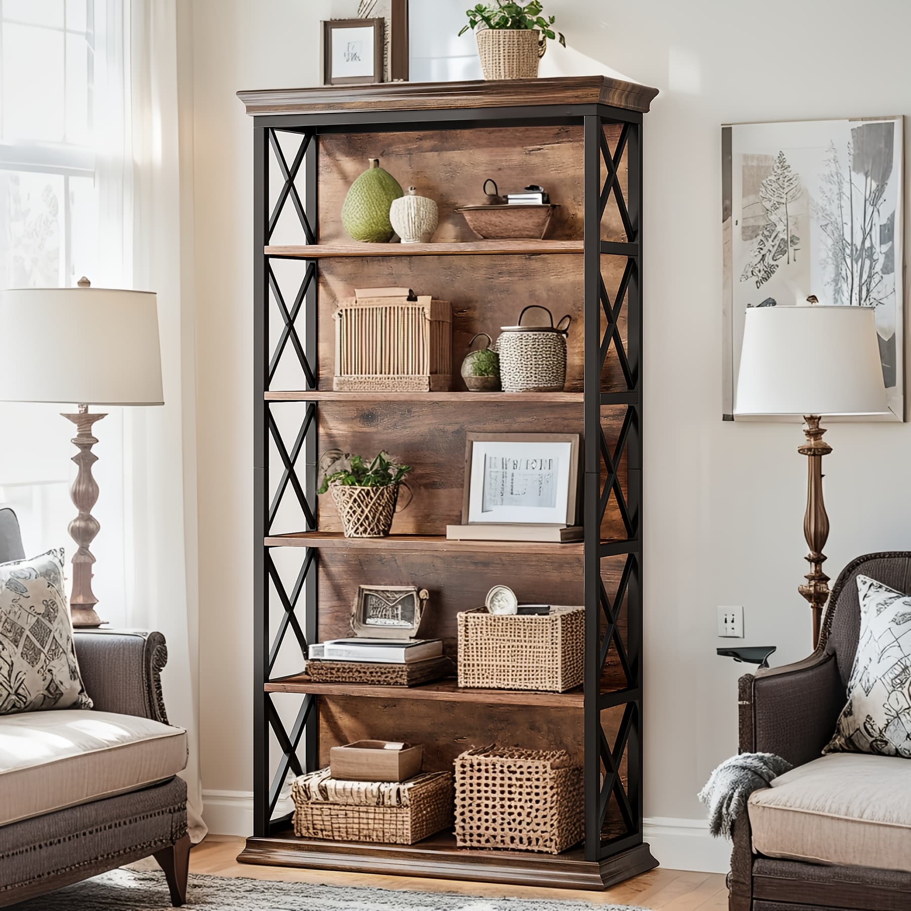 TEMU Industrial Bookshelves And Bookcases Floor Standing 6 Shelf Display Storage Shelves 70.87 Bookcase Home Decor Furniture For Home Office, Living Room, Bed Room