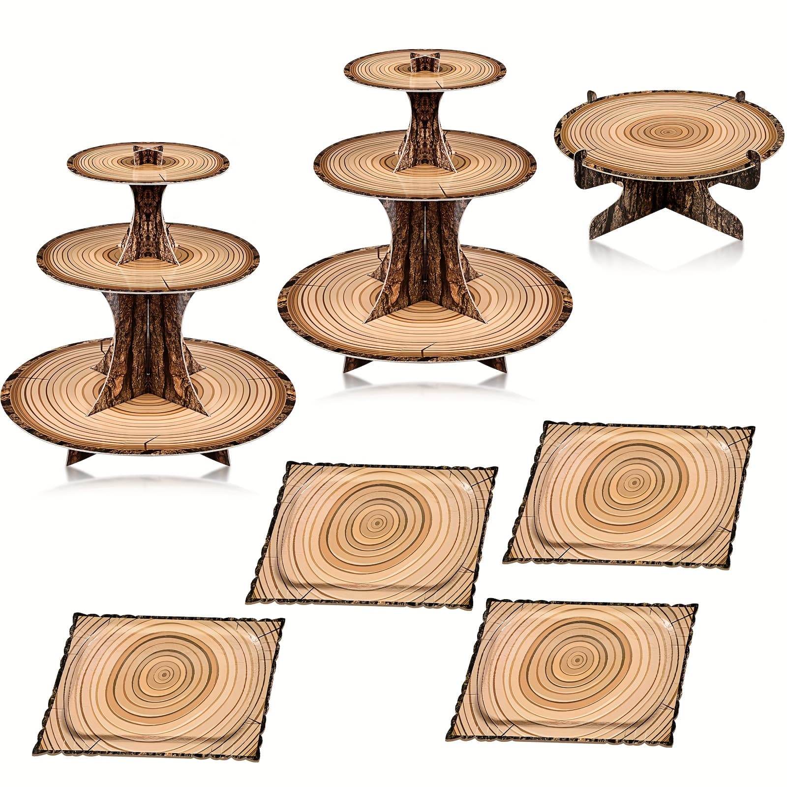 TEMU 7pcs Woodland Cupcake Stand Set Includes 2 Wooden Cupcake Stand 1 Rustic Cake 4 Rectangle Serving Tray For Woodland Western Camping Shower Birthday