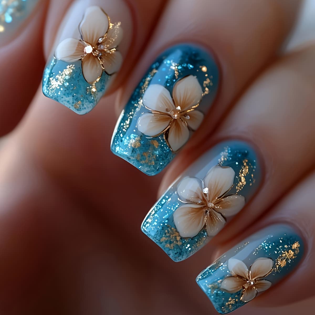 TEMU Medium-length Glossy Effect Nail Stickers With Blue , 24pcs Reusable Glitter Press-on Nails For Festive Wear