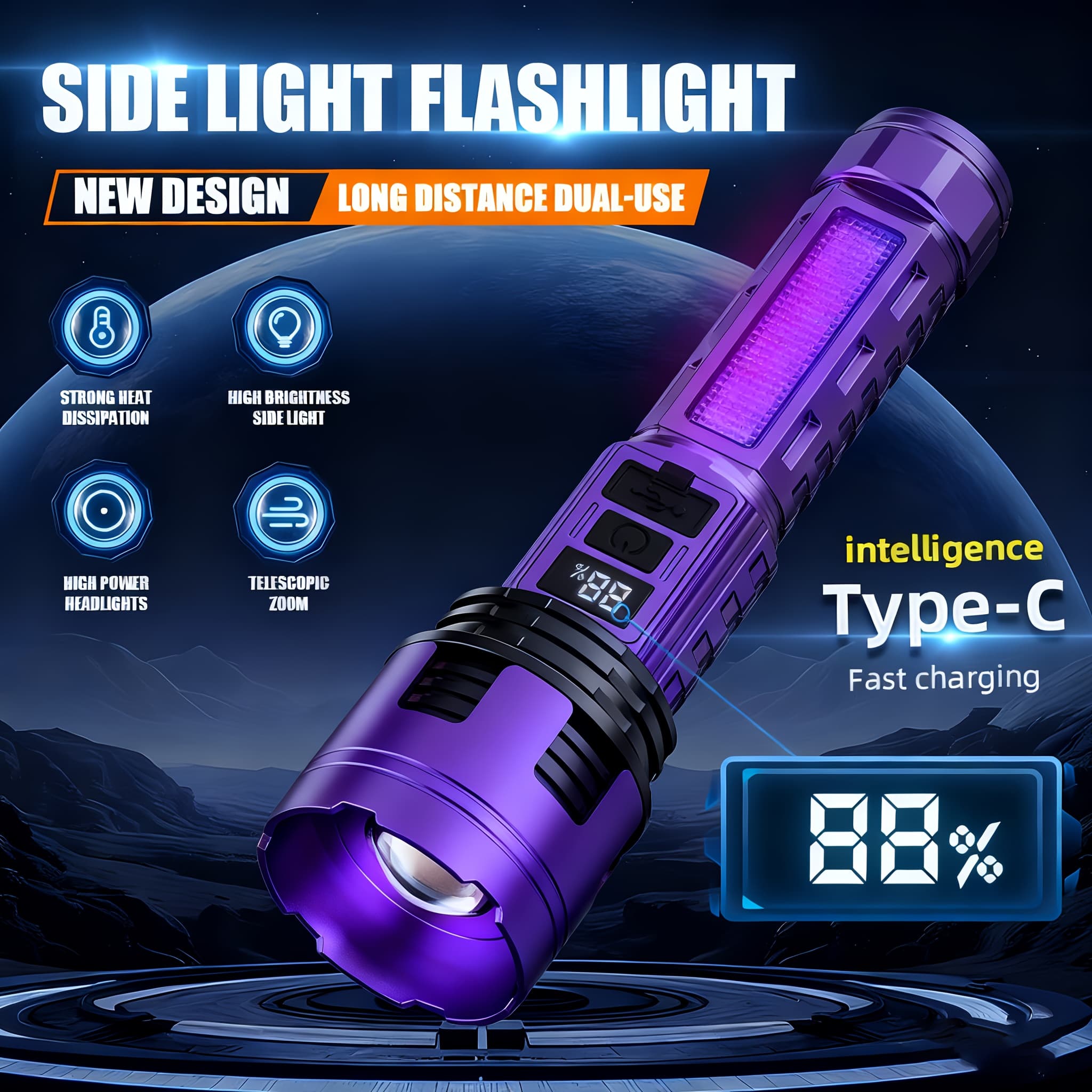 TEMU High-lumen Led Flashlight With Brightness, Rechargeable And Featuring Function, Long-lasting Battery, And A Built-in Floodlight Mode, Ideal For Camping, , Farm Monitoring, And Night Biking