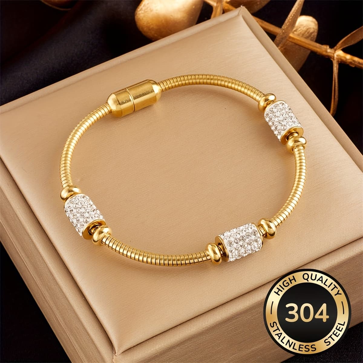 TEMU 304 Stainless Steel Golden Bracelet Women Jewelry Inlaid With Rhinestones Sparkling Luxury Party Jewelry Birthday And Holiday Gifts