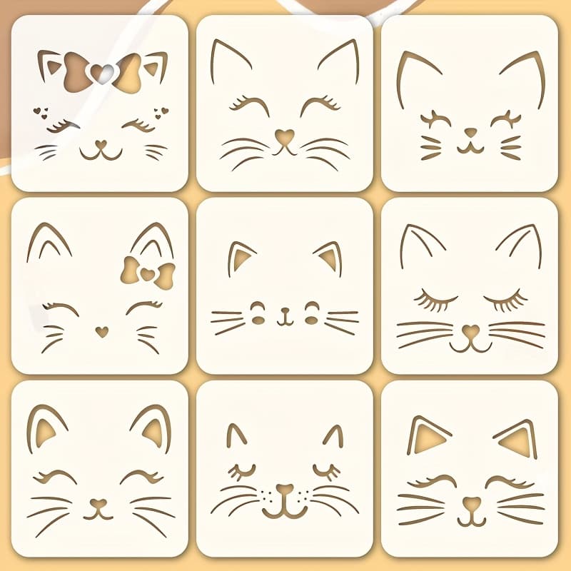 TEMU 9pcs Cat Face Stencil Set With Bow Tie And Heart Patterns - Reusable Animal-themed Templates For Crafts, Scrapbooking, Painting, Wall Art, Card Making, Home Decor, And Birthday
