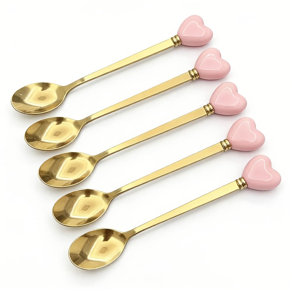 TEMU 5pcs 410 Stainless Steel Spoons | Heart Shaped Ceramic Handles | Gold Plated | Ideal For Cafes & Weddings | Perfect For Elegant Afternoon Tea & Travel