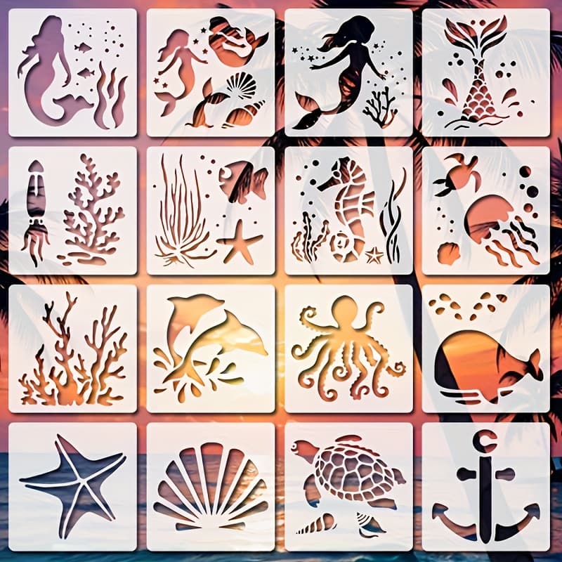 TEMU 16pcs Stencil Set, 3.9-inch Reusable Mermaid Painting Templates, Plastic Sea Animal Drawing Stencils For Diy Art Crafts, Scrapbooking, Wood, Wall Home Decor