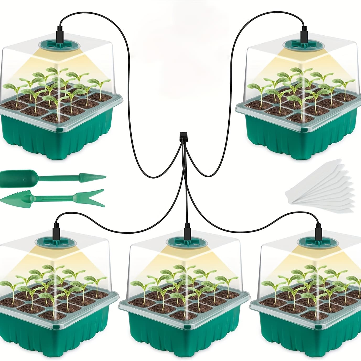 TEMU 5 Sets Seed Starter Tray With Grow Light, Plant Germination Starter Kit Seed Starter Kit With Humidity Dome And Base, Suitable For Seedlings, Indoor Gardening, , Wheatgrass, Etc