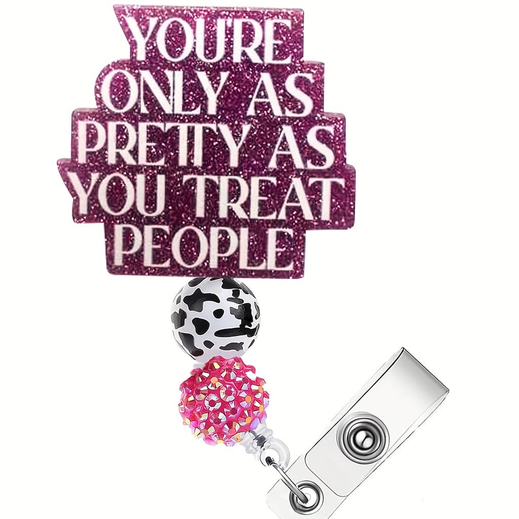 TEMU 2d 1 Cute Pink English Sparkling Retractable Badge Reel, Acrylic Name Badge Holder, Suitable For Nurses, Workers, Volunteers, And Office Staff