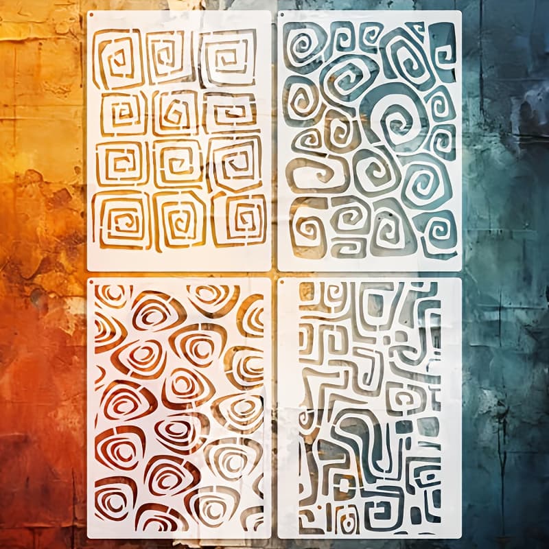 TEMU Reusable Abstract Geometric Stencils With 4 Templates (squares, , Whirlpools, Maze) - 8.3×11.7" Painting Templates Suitable For Wall Art, Scrapbooking, Home Decor - Reusable Drawing Guides