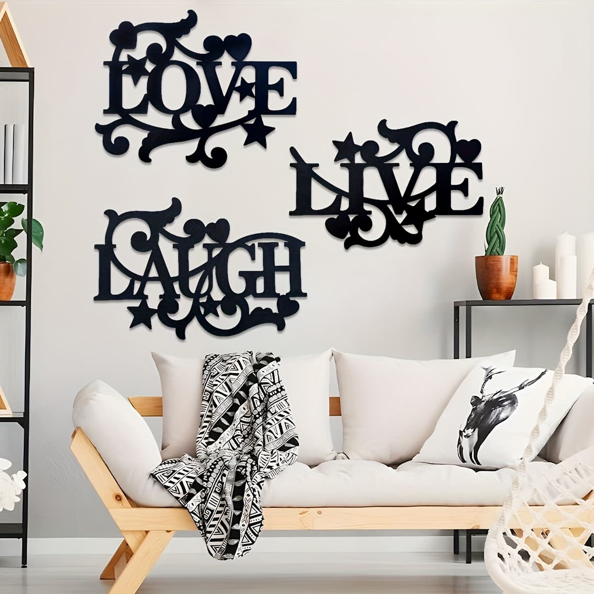 TEMU Elegant Black Metal Wall Art - Love, Life, Theme | Modern Decor For Living Room, Bedroom, Kitchen | Frameless Silhouette Design