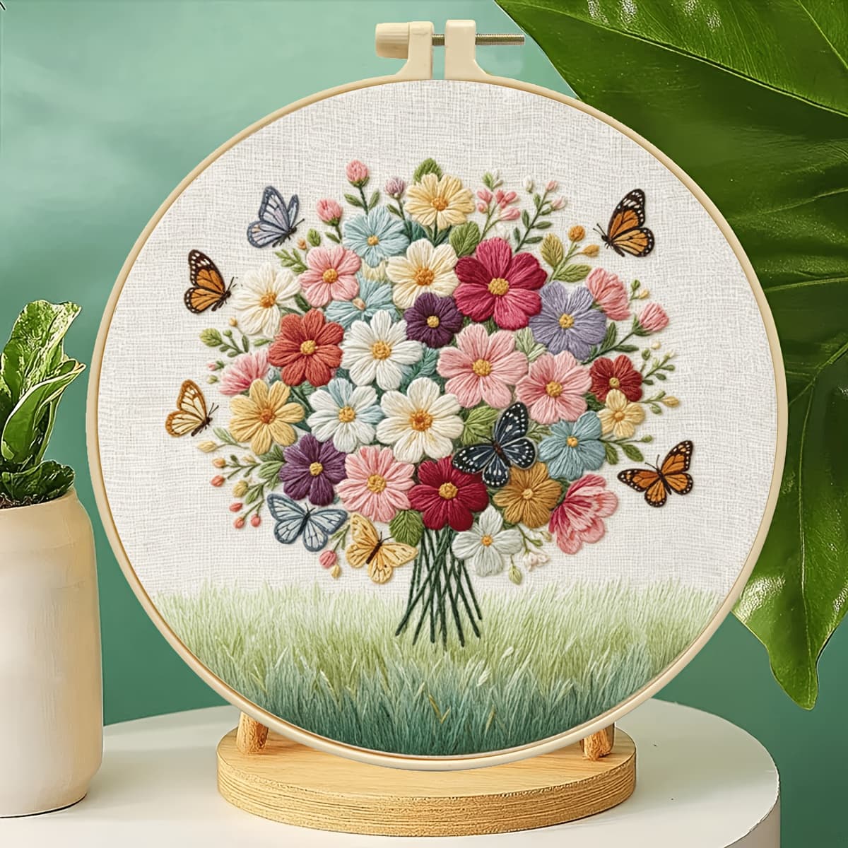 TEMU 1 Set Embroidery Kit, Bouquet Of Flowers Handcraft Material Pack Beginner Full Tool Decor Stress Relief Handmade Hanging Painting Embroidery Thread Pattern Needle Hoop Handcraft Embroidery Kit