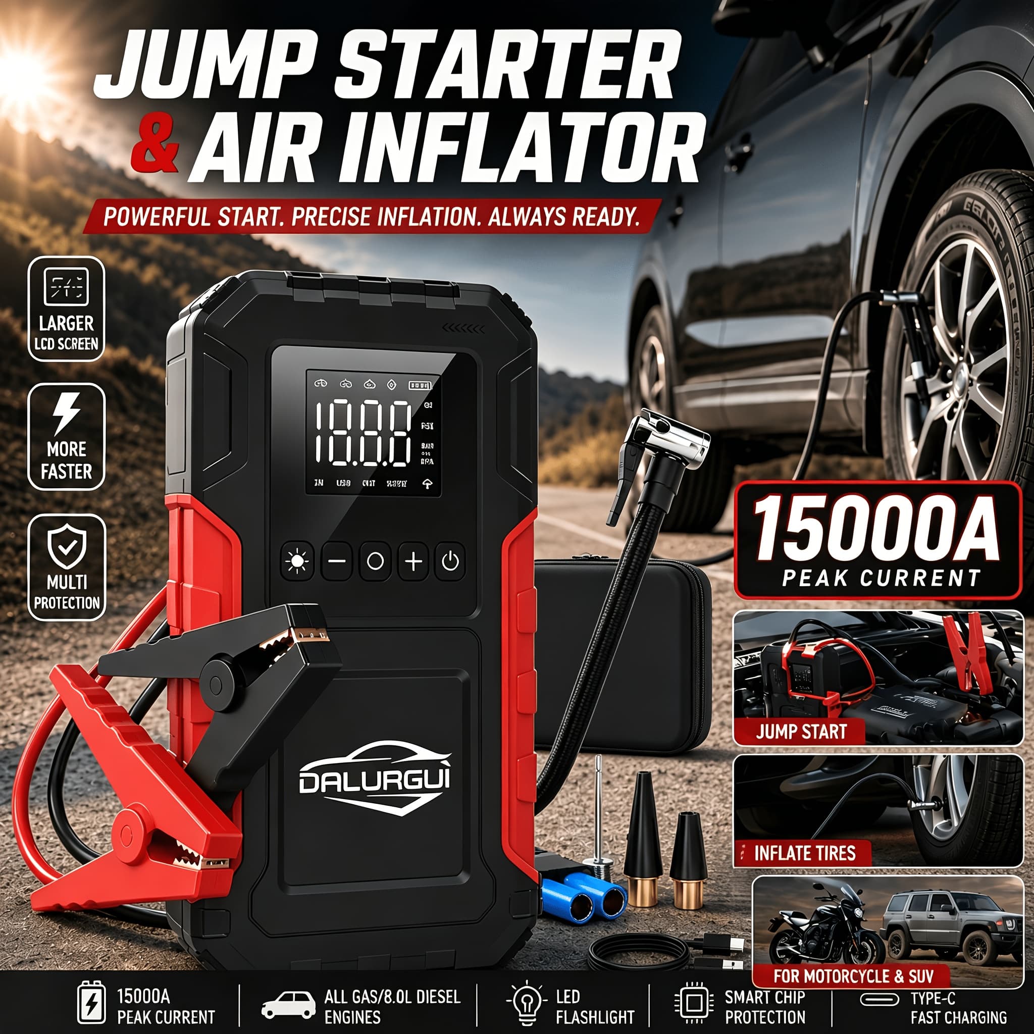 TEMU 12-in-1 Car Emergency Jump Starter 15000a With Battery Charging System, Optional Air Compressor 150psi, Led Work Light, Usb Type-c Fast Charging And Lcd Power Display