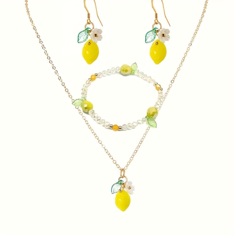 TEMU 4pcs Sweet And Cute Women's Summer Necklace Earring Bracelet Set - Lemon Flower And Fruit Pendant With Lightweight And Simple Jewelry Suitable For Up, Parties, Vacation Jewelry,