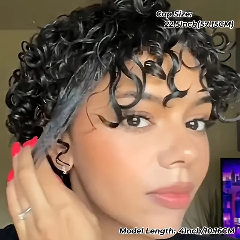 TEMU Human Hair Water Wave Cut Short Hair Wig, Basics Style, 180% Density, , Non-lace Front, Glueless, With Bangs, For African Women