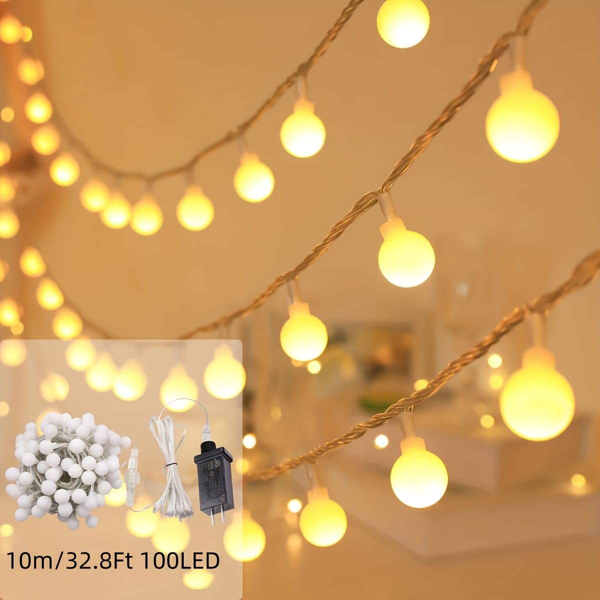 TEMU 1pc String Lights, 32.8ft/100led, 49.2ft/150led, 98.4ft/200led, 8 Plug In Indoor String Lights For Bedroom, Classroom, Party, Wedding - Warm White
