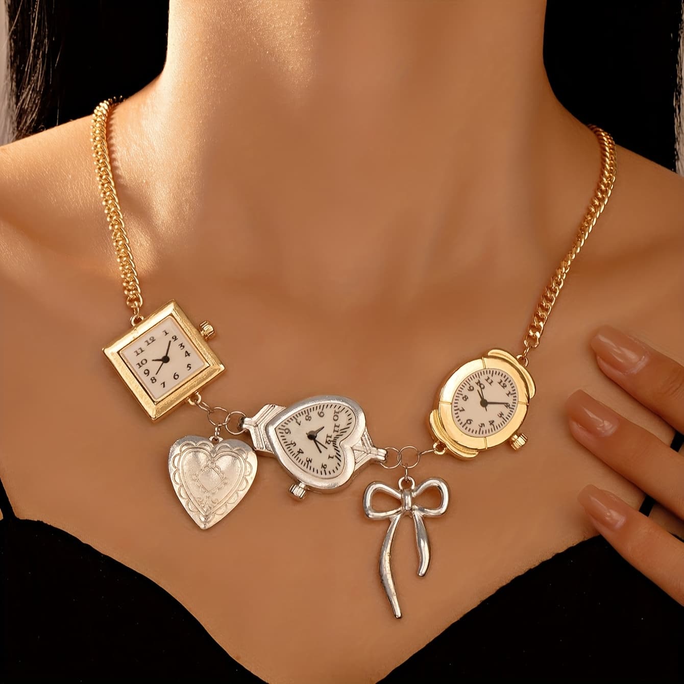 TEMU 1pc Sweet Cool Spicy Temperament Love Clock Additions Necklace, Niche Design, Versatile And Complex Collarbone Chain, Unisex