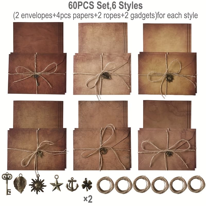 TEMU 60pcs, Vintage Paper Envelopes Set With Hemp Rope And Metal Decorations, Closure, For Wedding, Birthday, Graduation Invitations, Vintage Invitation Set, Gift Card Envelopes