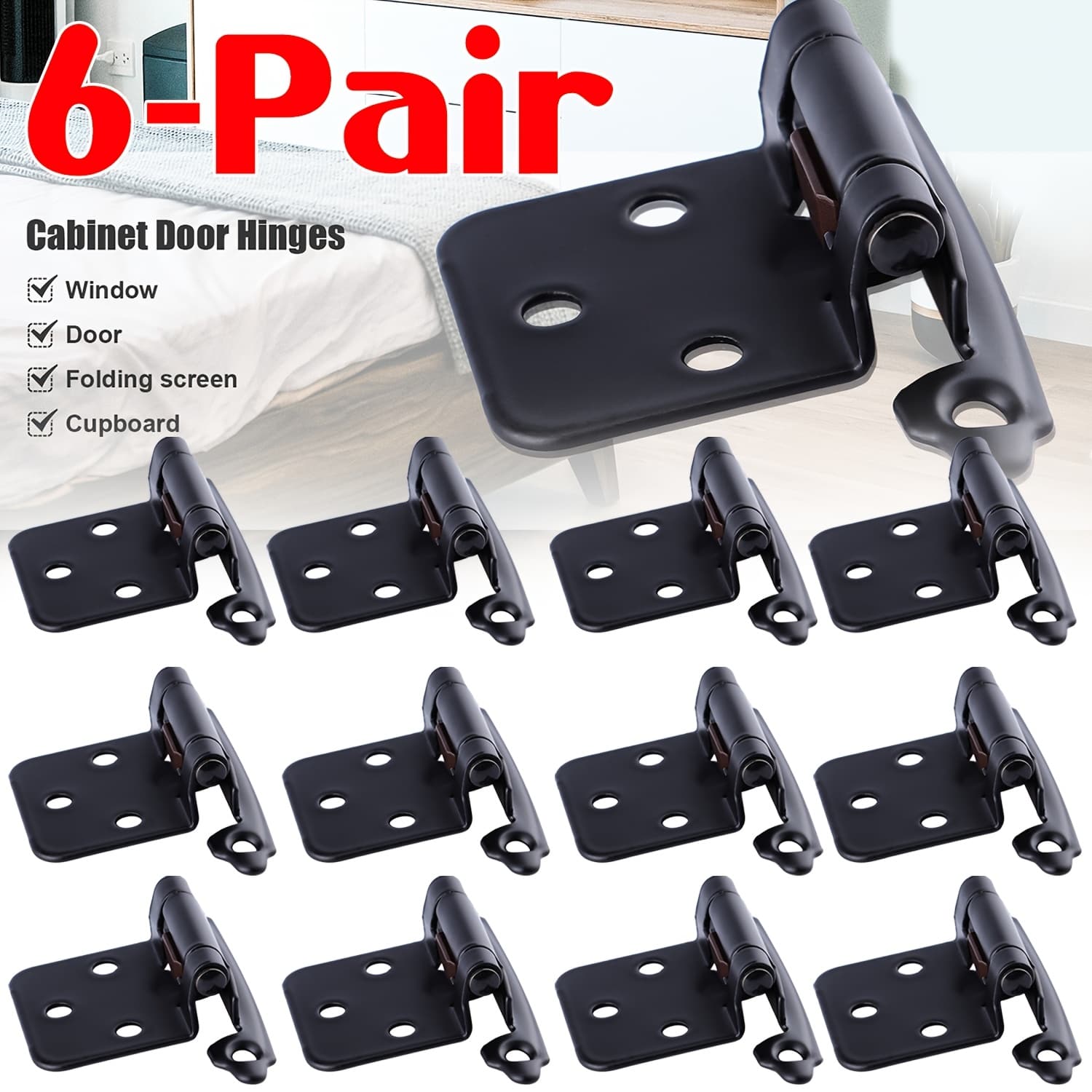 TEMU 12 Pack (6 Pair) 1/2" Overlay Matte Black Cabinet Hinges Self Closing Bath & Kitchen Cabinet Hinges Black Flush Mount W/door Bumpers & Upgraded Screws