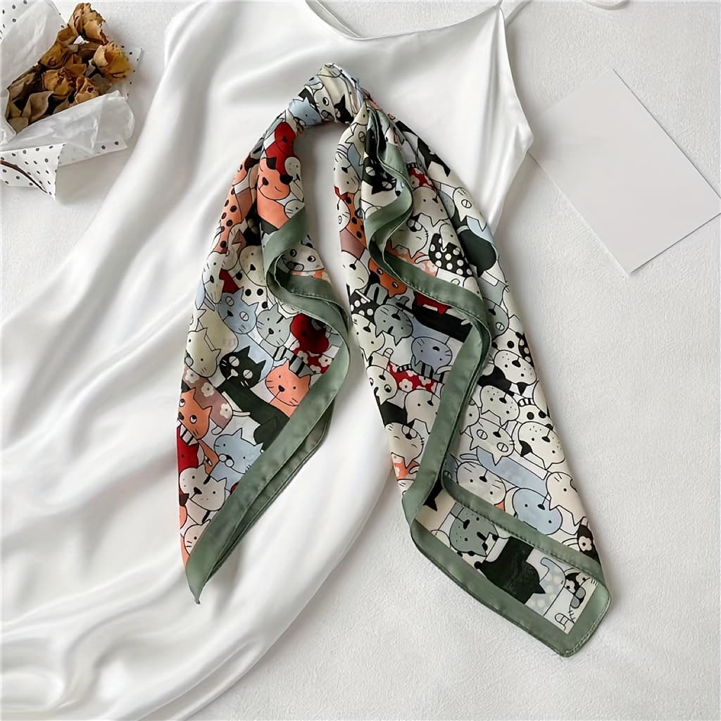 TEMU Women's Lightweight Square Scarf - Cute Cartoon Pattern, Pastel Colors, Wind Shawl For Autumn Travel & Casual , Scarf For Hair, Pattern, Soft Texture, Versatile Accessory,