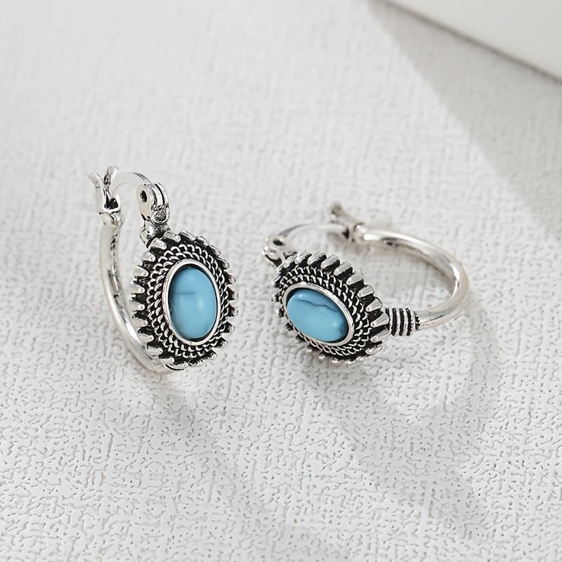 TEMU Vintage Boho Copper Hoop Earrings Suitable For Daily Wear & - Turquoise Inlay Boho Hoops, Neutral, Ideal Gift For Christmas, Parties, Or Souvenir (boho Style)