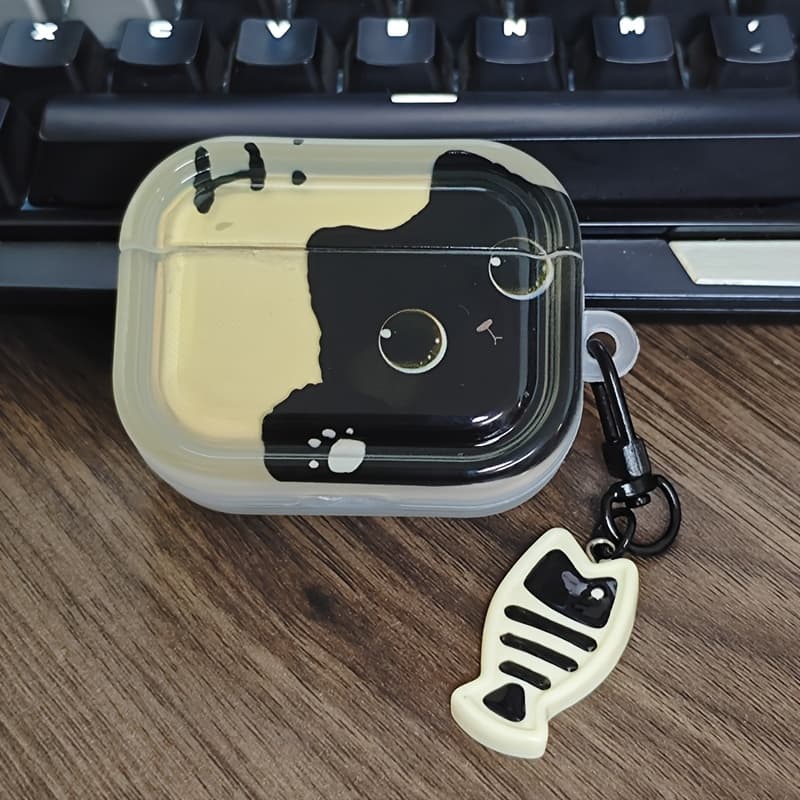 TEMU Cute Black Cat Pattern Earphone Case Cover, Suitable For Airpods 1/2/3/4/pro/pro 2/ 3rd Generation Earphone Cases, With Fishbone Pattern Pendant