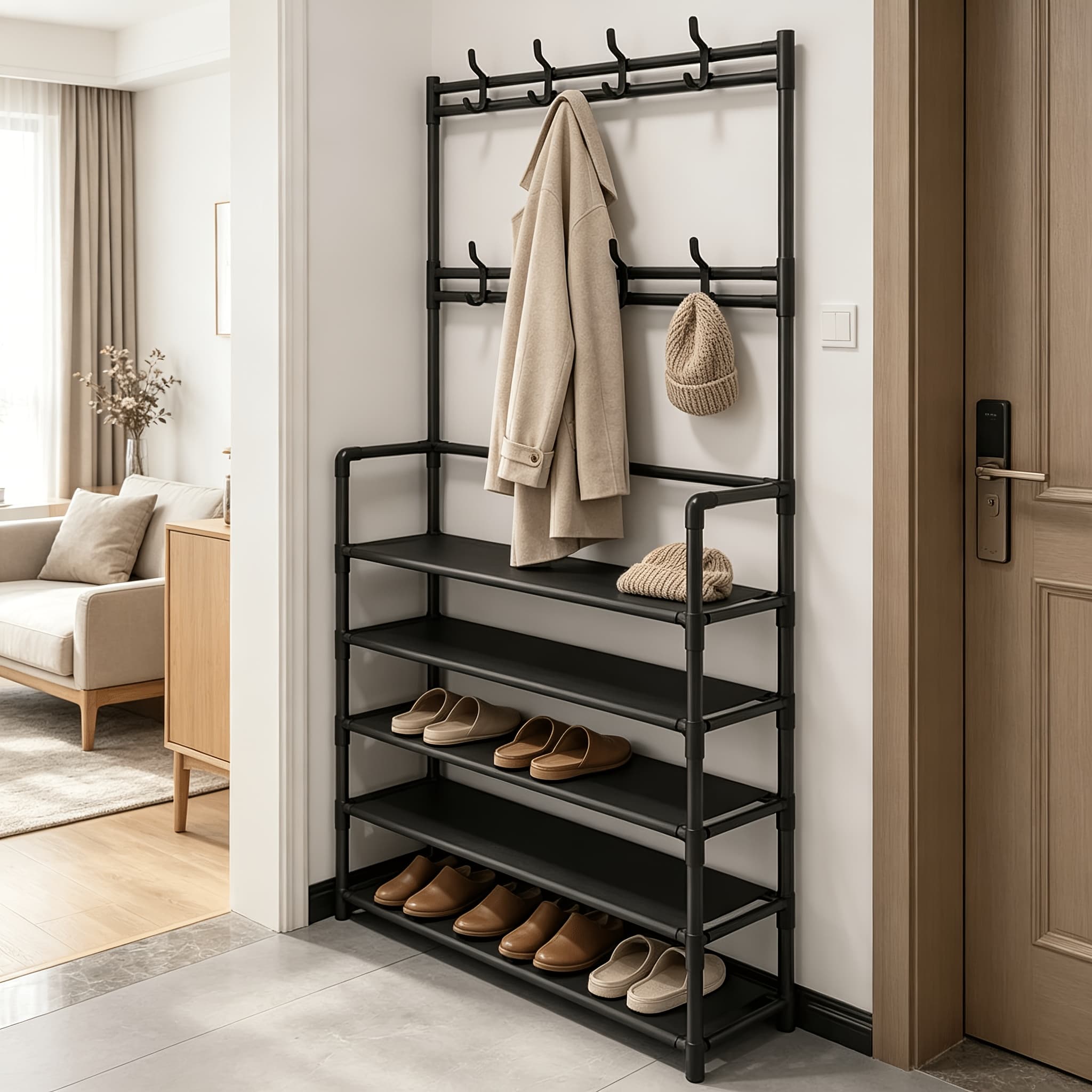 TEMU 5-layer Multifunctional Shoe And Jacket Metal Rack -23.62 Inches, Detachable Hook And Hat Rack, Independent Storage Space, Suitable For Practical Racks In Family Apartments And Dormitories