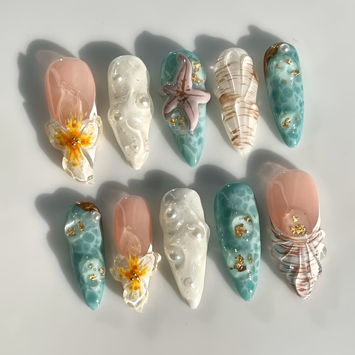 TEMU 10pcs Pack Traditional Handmade Long Almond-shaped Nails Flowers Cute Starfish Light Luxury Pearl Suitable For All Women And ' Daily Wear