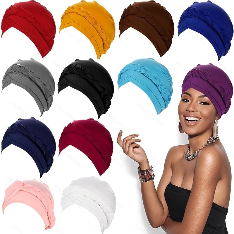 TEMU 12 Pack Braid Turban For Women Ethnic Bohemia Twisted Hair Cover Wrap Hat African Pre Tied Bonnet Braid Turban Hat Beanies Headwear
