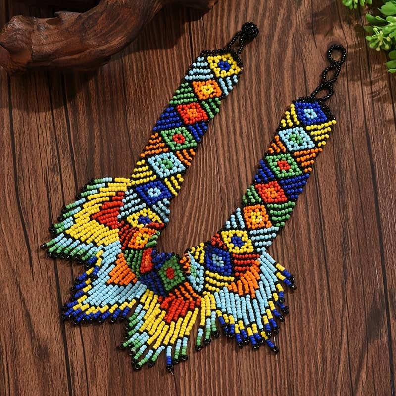 TEMU Ethnic Style Geometric Woven Rice Bead Tassel Clavicle Necklace Women's ( Rice )