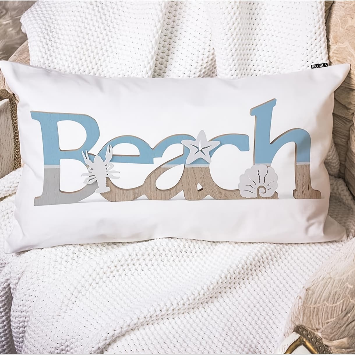 TEMU 1pc Coastal Beach Themed Pillowcase, 12x20 Inches, Polyester, Machine Washable, Zipper Closure, Woven Decorative Cushion Cover With Vintage Wood Lettering, Ocean Accents For Room Types