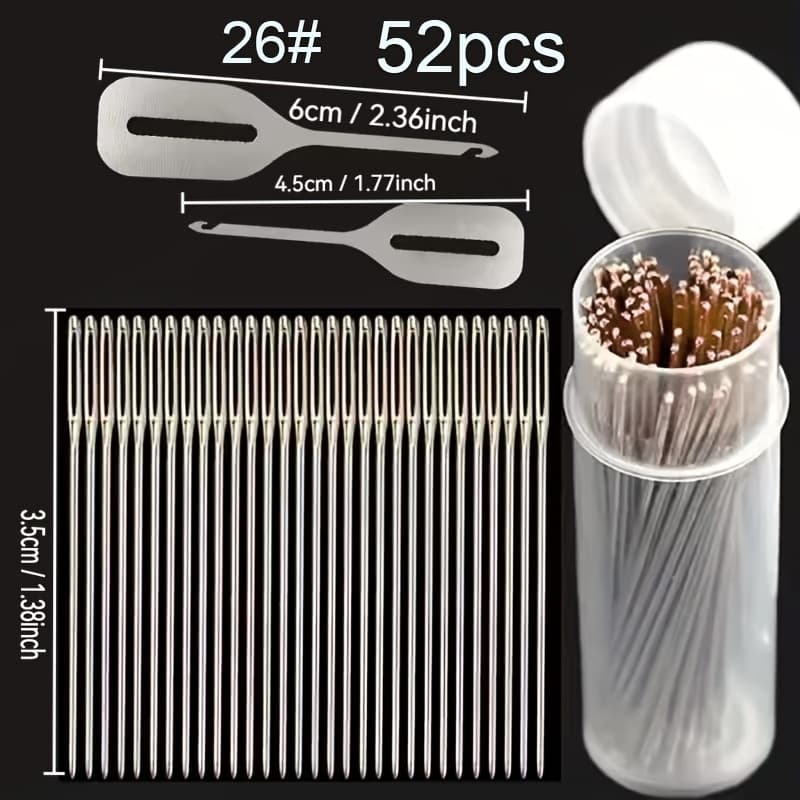 TEMU 52pcs/set Embroidery Needles With 1 Large And 1 Small Threader, Durable Stainless Sewing Needles Mixed Size 22/24/26 Including Threader Needle Threader Cross Stitch Handmade, Gift