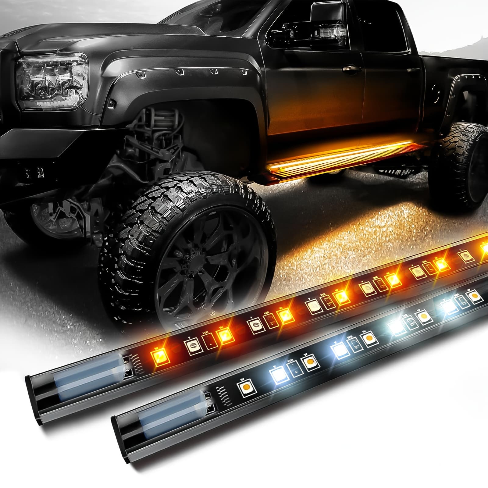 TEMU 2pcs 71 Inch Pedal Light Strip For Cars, Running Board Light Strip, Led Light Decorative Light Strips, High-brightness Neon Light Parts For Off-road Trucks, Suv ( Yellow & White), Without Battery