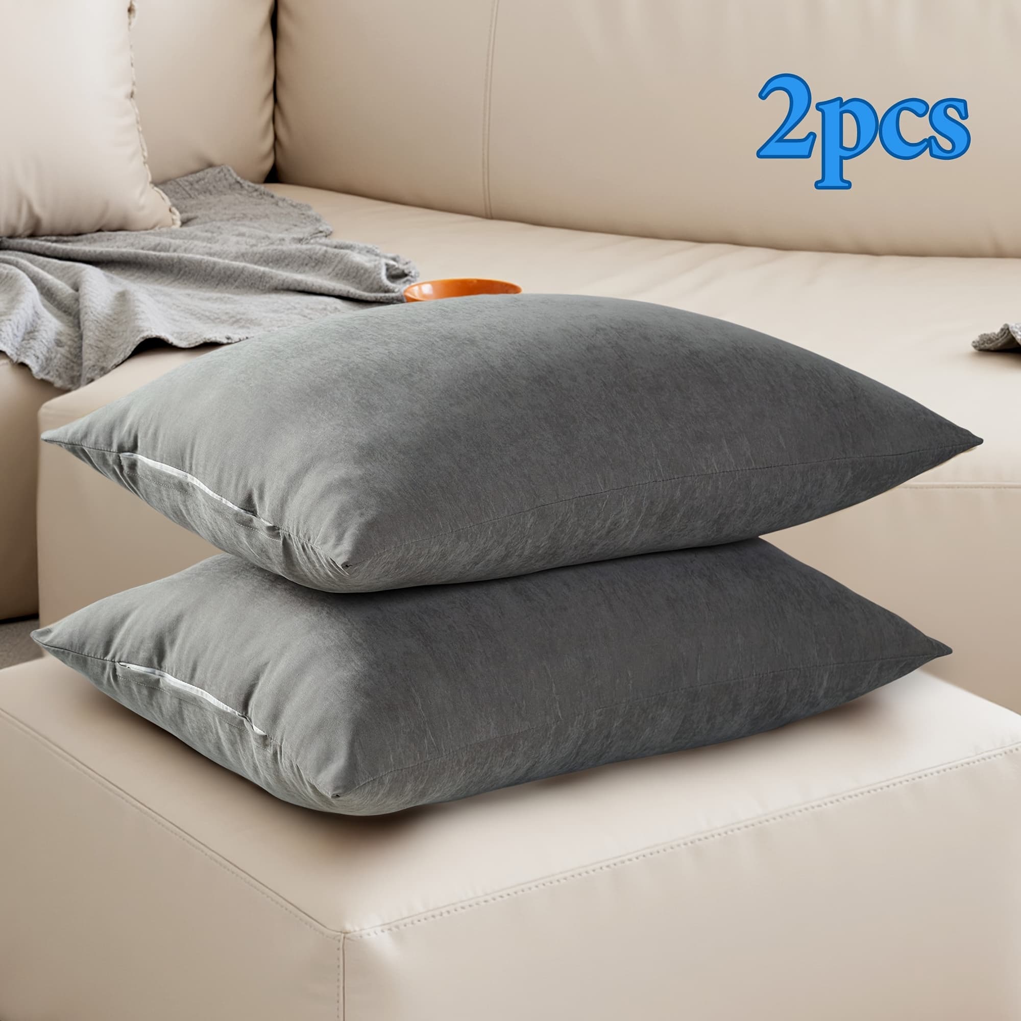 TEMU Set Of 2 Grey Velvet Fillers - Exceptionally Soft & , Skin - Stylish Grey Design | Down Substitute, Soft Material For Bedroom/sofa/patio | Perfect Gift For Families