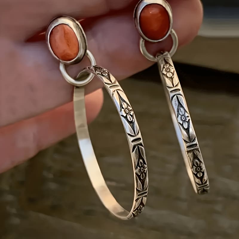 TEMU 1 Pair Unique Bohemian-inspired Vintage Turquoise Hoop Earrings - Vibrant Distressed Look, Classic Dangling Style - Ideal Holiday Party Accessory And Thoughtful Gift