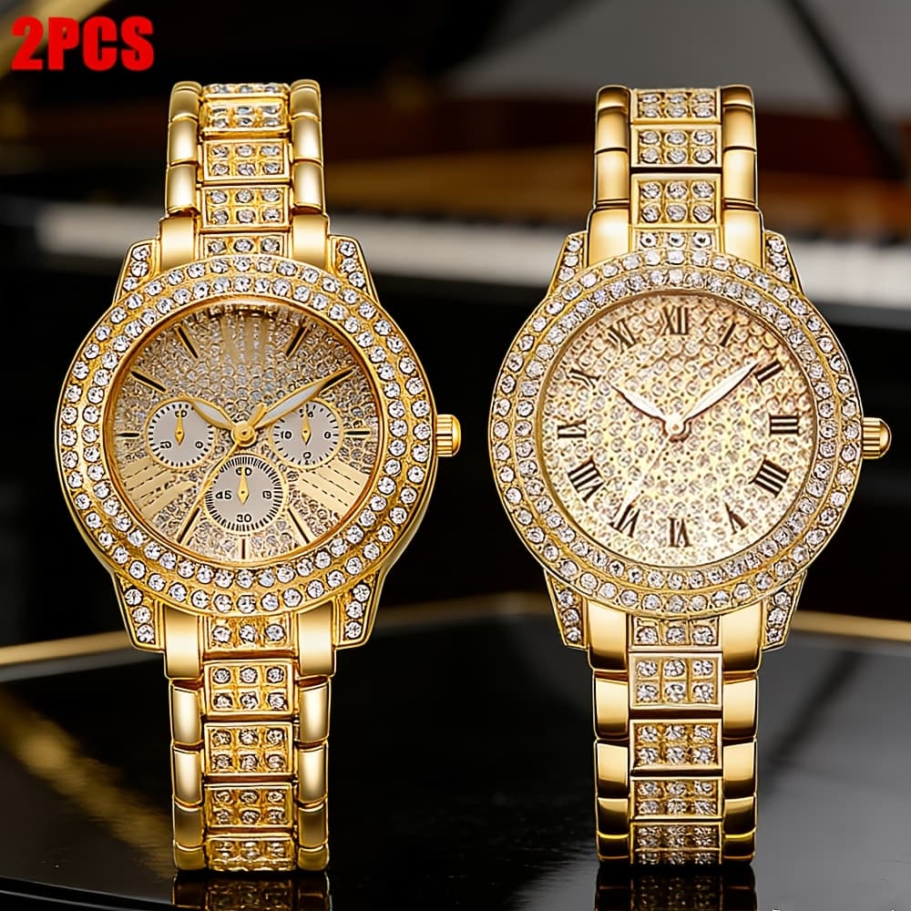 TEMU 2pcs/set Bracelet Watches, Elegant And Luxurious Golden Colors Women's Stylish Casual Watches, Best Gift For Women Ladies Clock