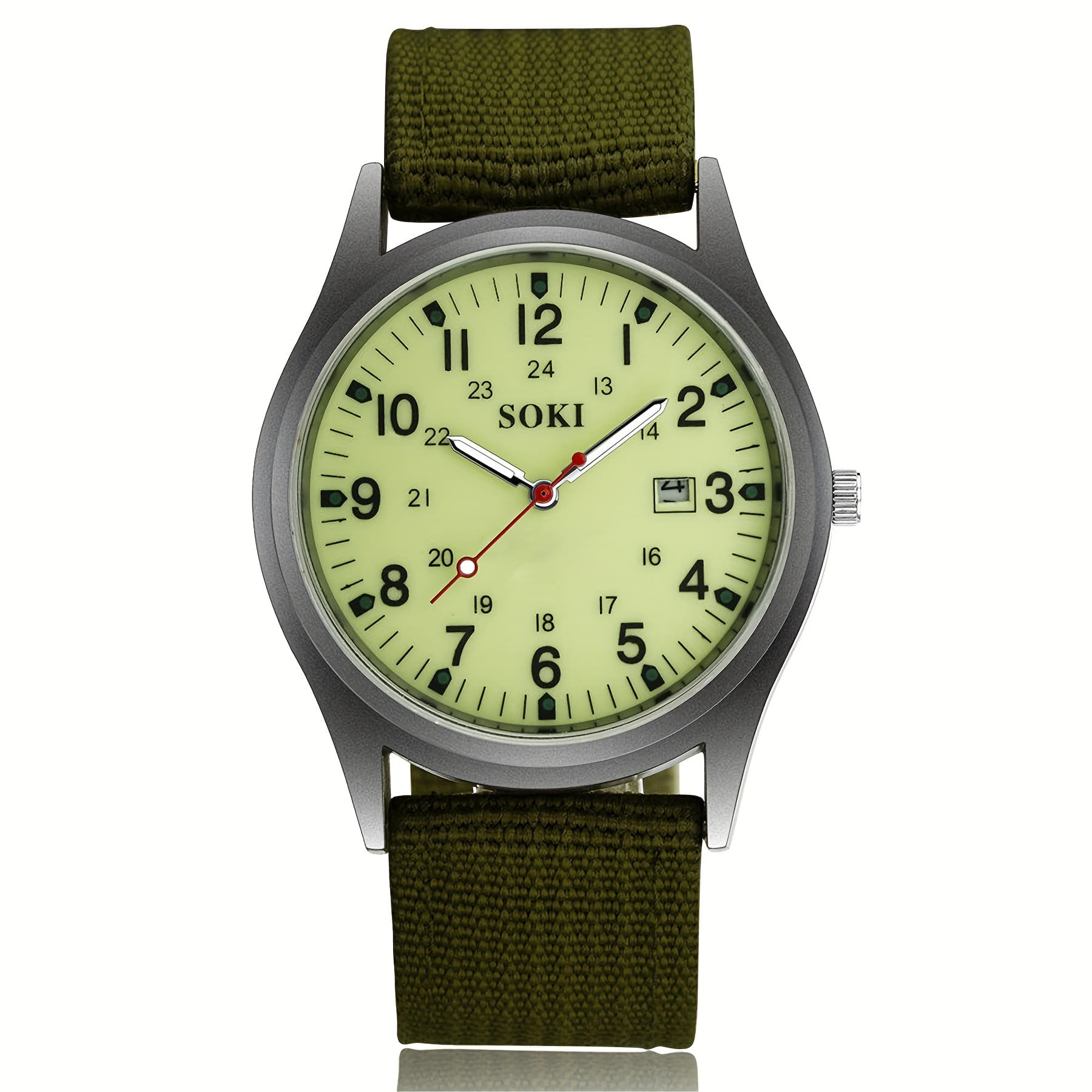 TEMU Outdoor Sports Men's Quartz Watch, Round Case, Green Nylon Strap, 24-hour Scale, Calendar, Luminous Dial, Used For Casual, Business, Sports, Gifts