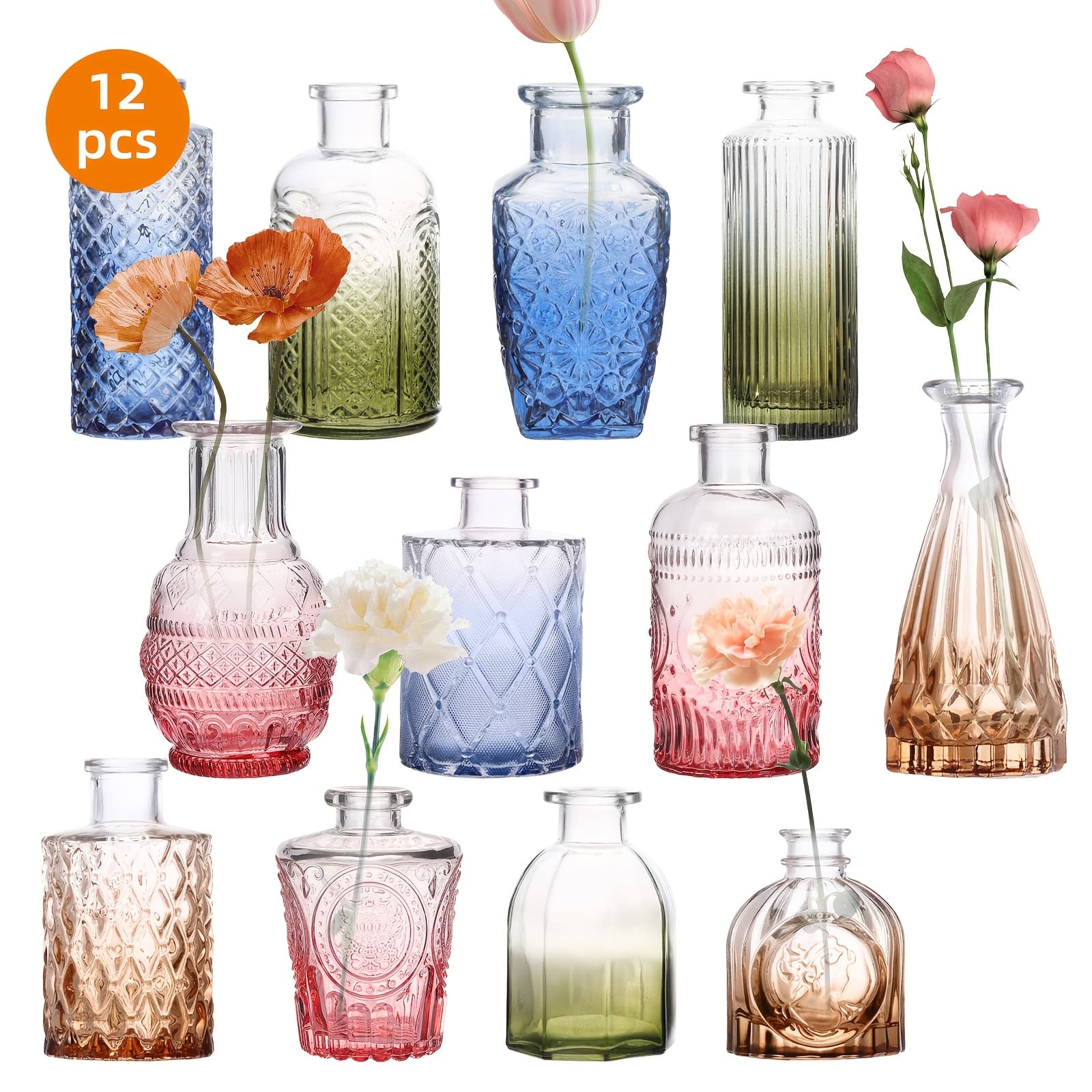 TEMU 12/24pcs Colorful Glass Bud Vases, Small Colored Vintage Vases For Centerpieces, Decorative Flower Vases For Wedding Home Table Decor, Amber, Blue, Green, Rose