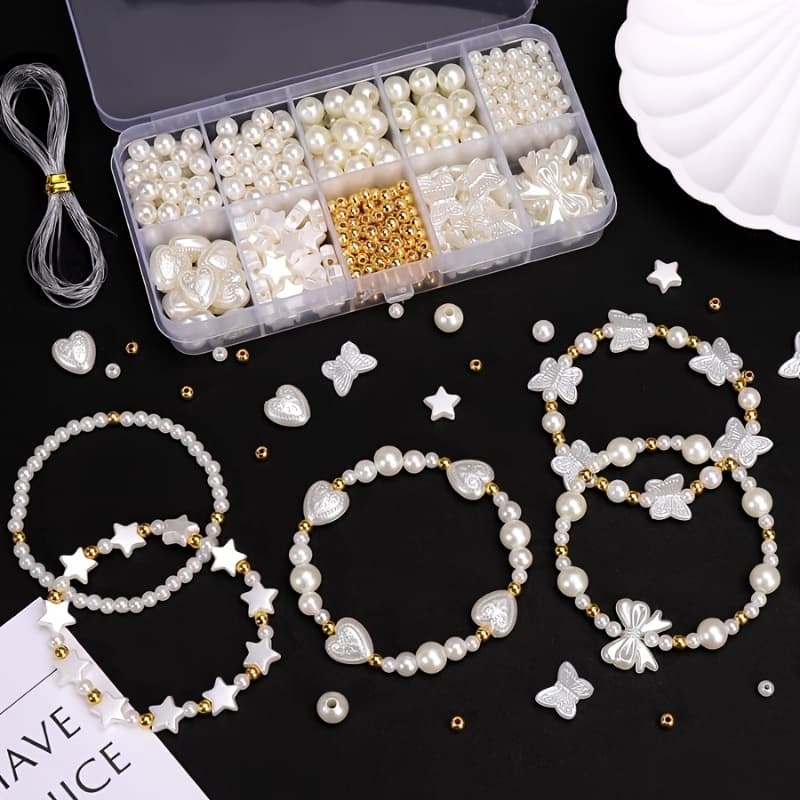TEMU 900pcs Acrylic Round Beads, Pentagrams, Hearts, Butterflies, Bows, Multi-style Set Box Suitable For Bead Jewelry Making, Craft Production And Phone Chain Creation